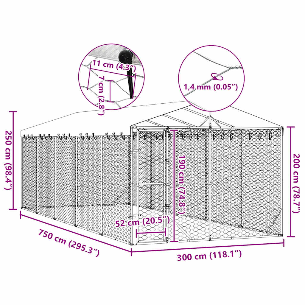 Outdoor Dog Kennel with Roof Silver 3x7.5x2.5 m Galvanised Steel