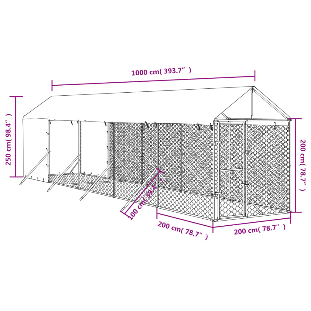 Outdoor Dog Kennel with Roof Silver 2x10x2.5 m Galvanised Steel