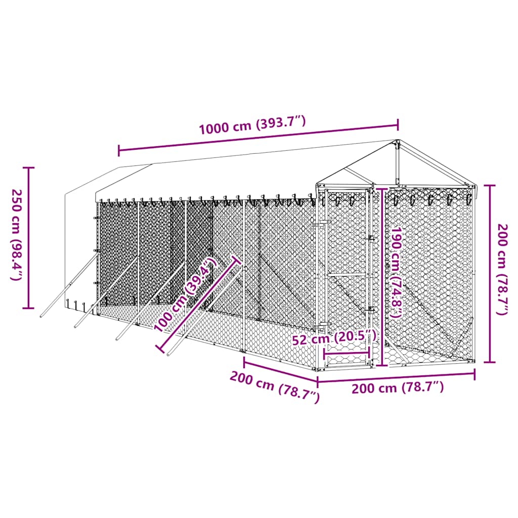 Outdoor Dog Kennel with Roof Silver 2x10x2.5 m Galvanised Steel