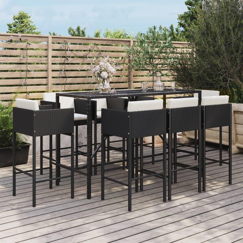 9 Piece Garden Bar Set with Cushions Black Poly Rattan