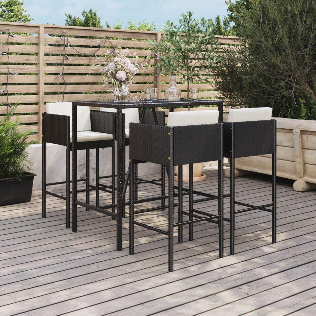 5 Piece Garden Bar Set with Cushions Black Poly Rattan