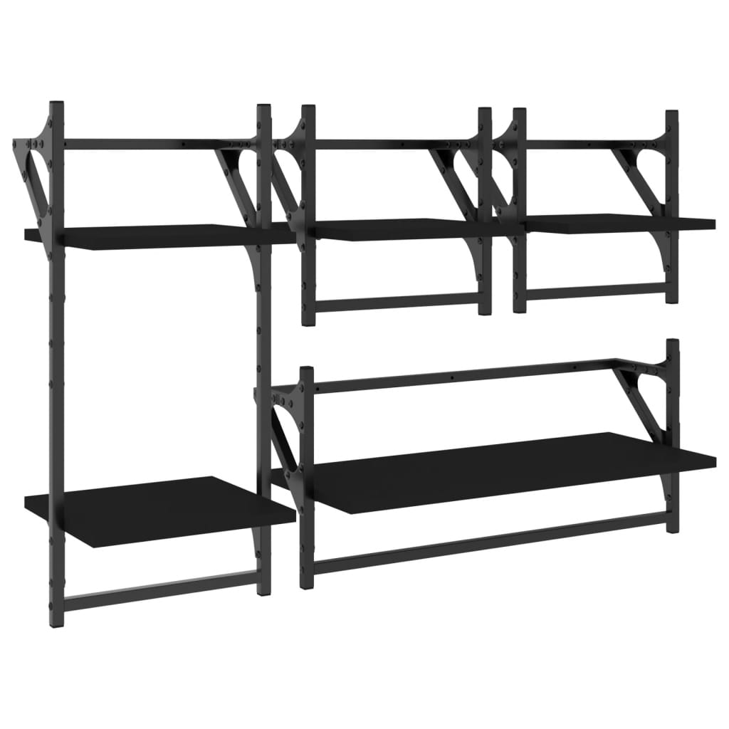 4 Piece Wall Shelf Set with Bars Black Engineered Wood