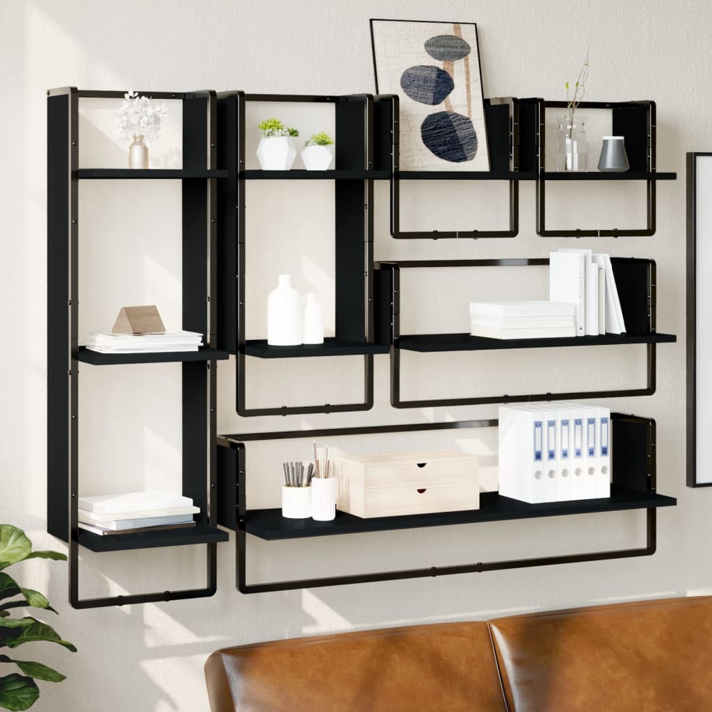 6 Piece Wall Shelf Set with Bars Black Engineered Wood