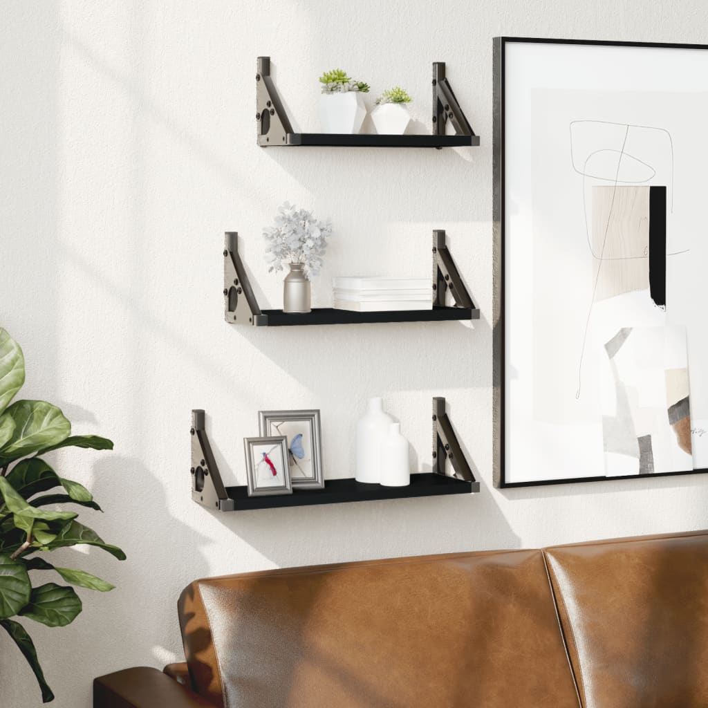 3 Piece Wall Shelf Set Black Engineered Wood