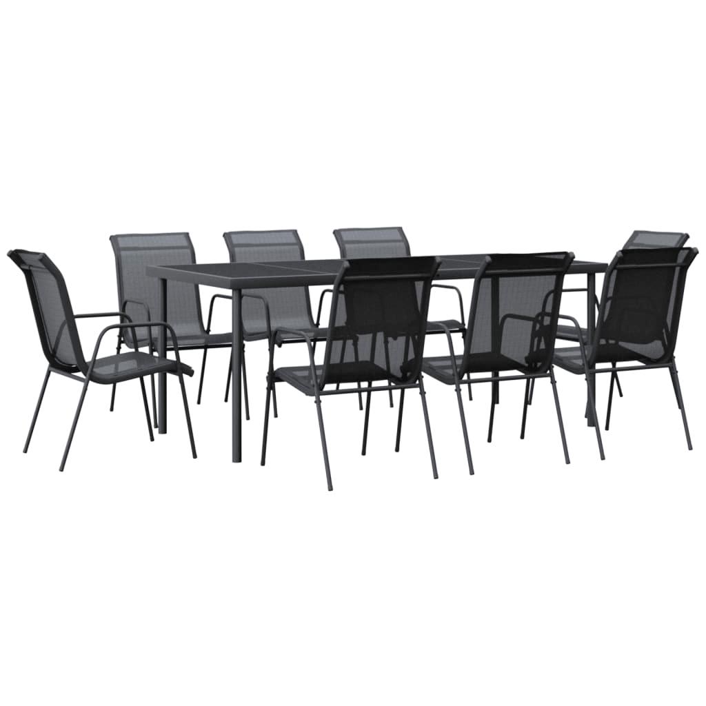 9 Piece Garden Dining Set Black Steel and Textilene