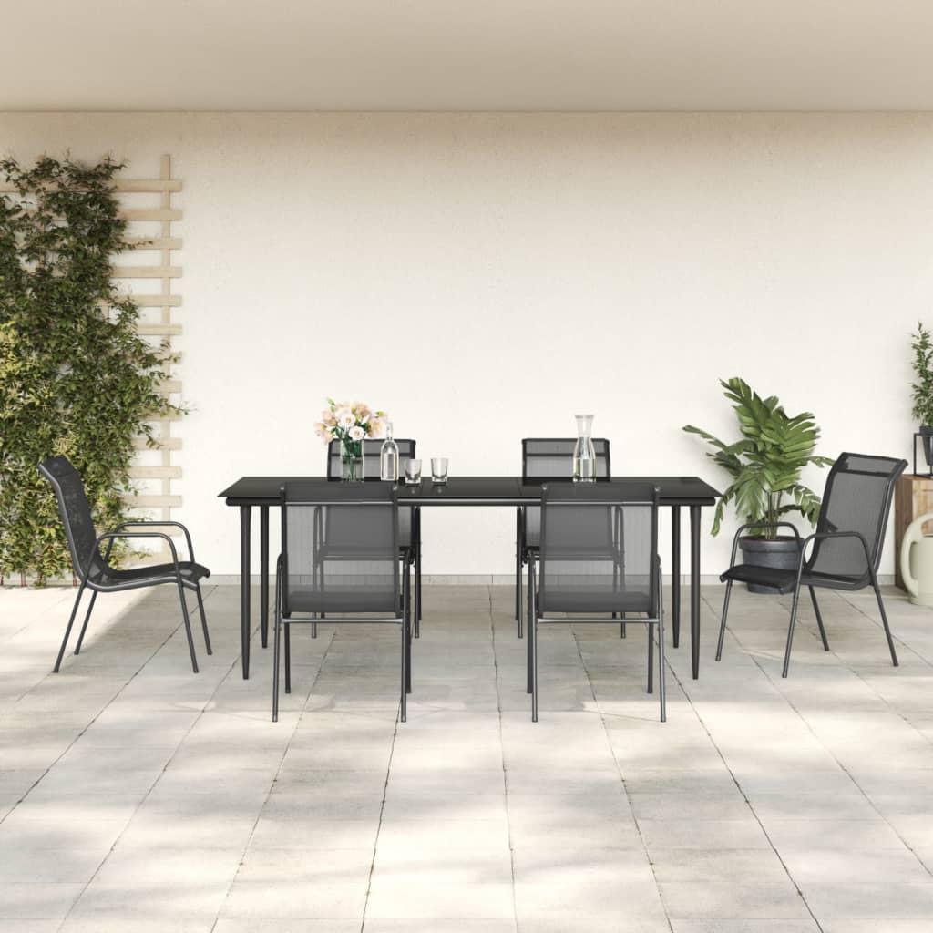 7 Piece Garden Dining Set Black Steel and Textilene