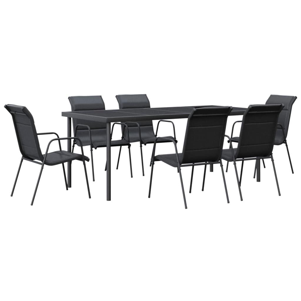 7 Piece Garden Dining Set Black Steel and Textilene
