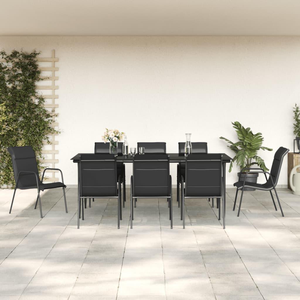 9 Piece Garden Dining Set Black Steel and Textilene