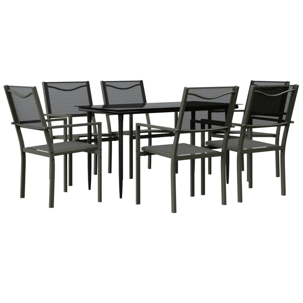 7 Piece Garden Dining Set Black Steel and Textilene