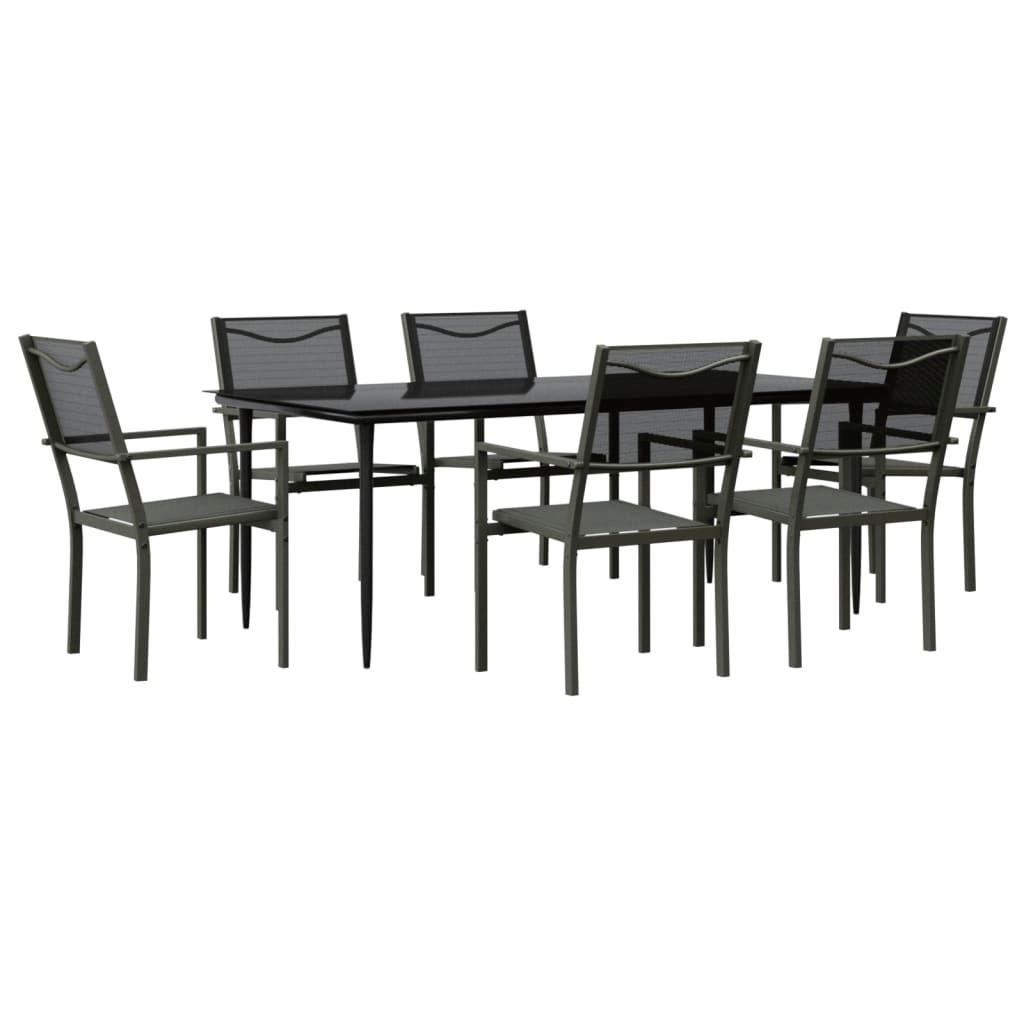 7 Piece Garden Dining Set Black Steel and Textilene