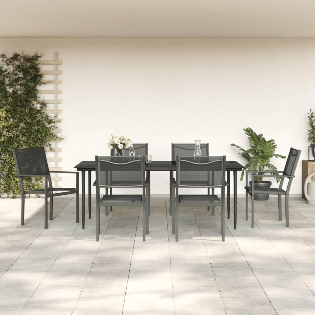 7 Piece Garden Dining Set Black Steel and Textilene