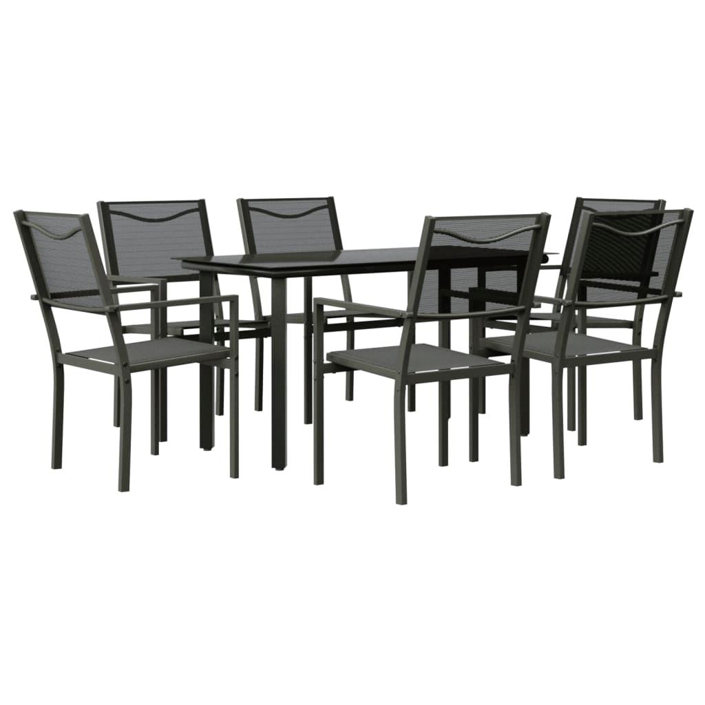 7 Piece Garden Dining Set Black Steel and Textilene