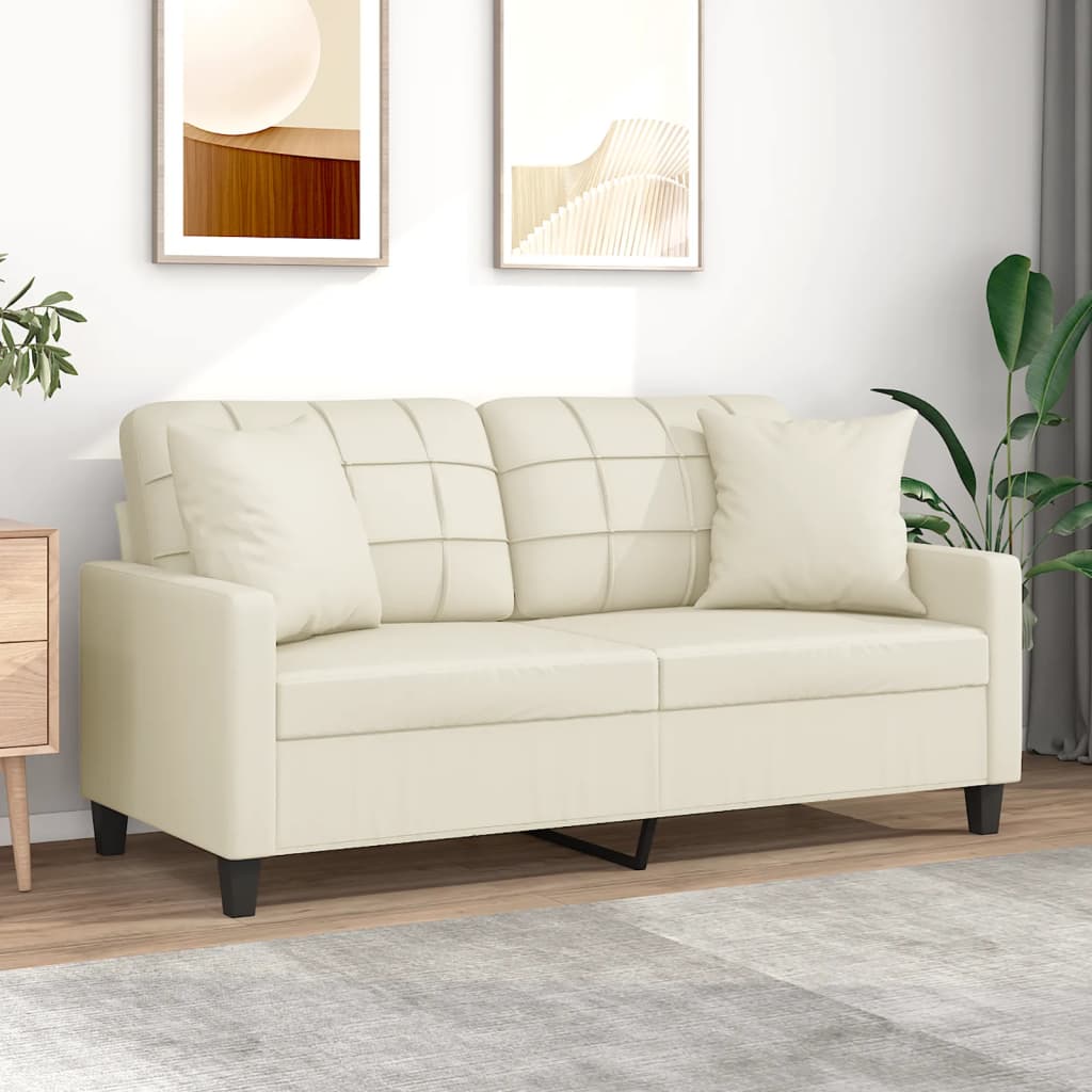 2-Seater Sofa with Throw Pillows Cream 140 cm Faux Leather