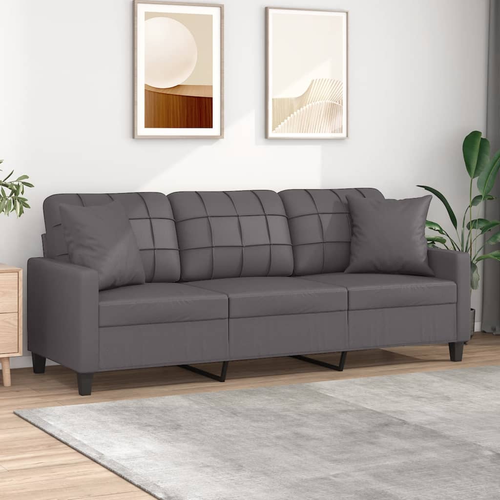 3-Seater Sofa with Throw Pillows Grey 180 cm Faux Leather