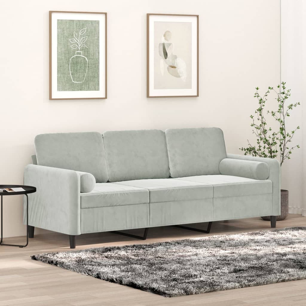 3-Seater Sofa with Throw Pillows Light Grey 180 cm Velvet