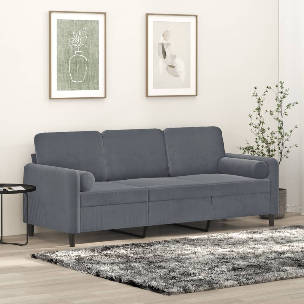 3-Seater Sofa with Throw Pillows Dark Grey 180 cm Velvet