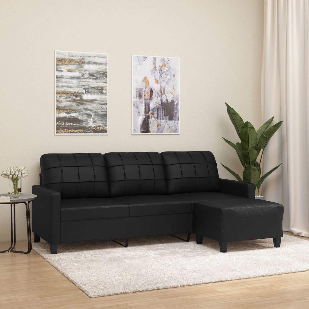 3-Seater Sofa with Footstool Black 180 cm Faux Leather