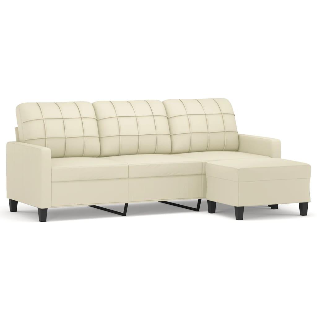 3-Seater Sofa with Footstool Cream 180 cm Faux Leather