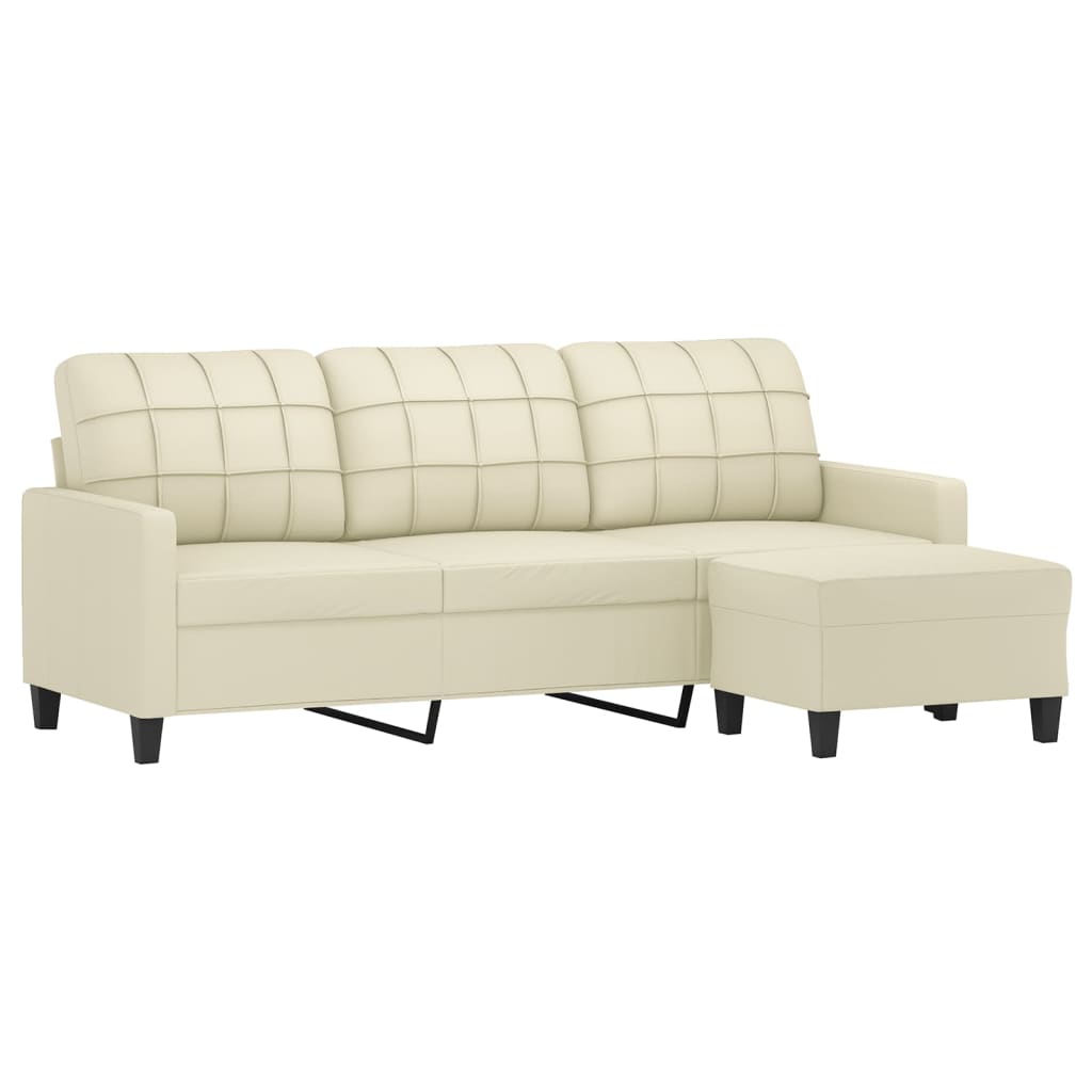 3-Seater Sofa with Footstool Cream 180 cm Faux Leather