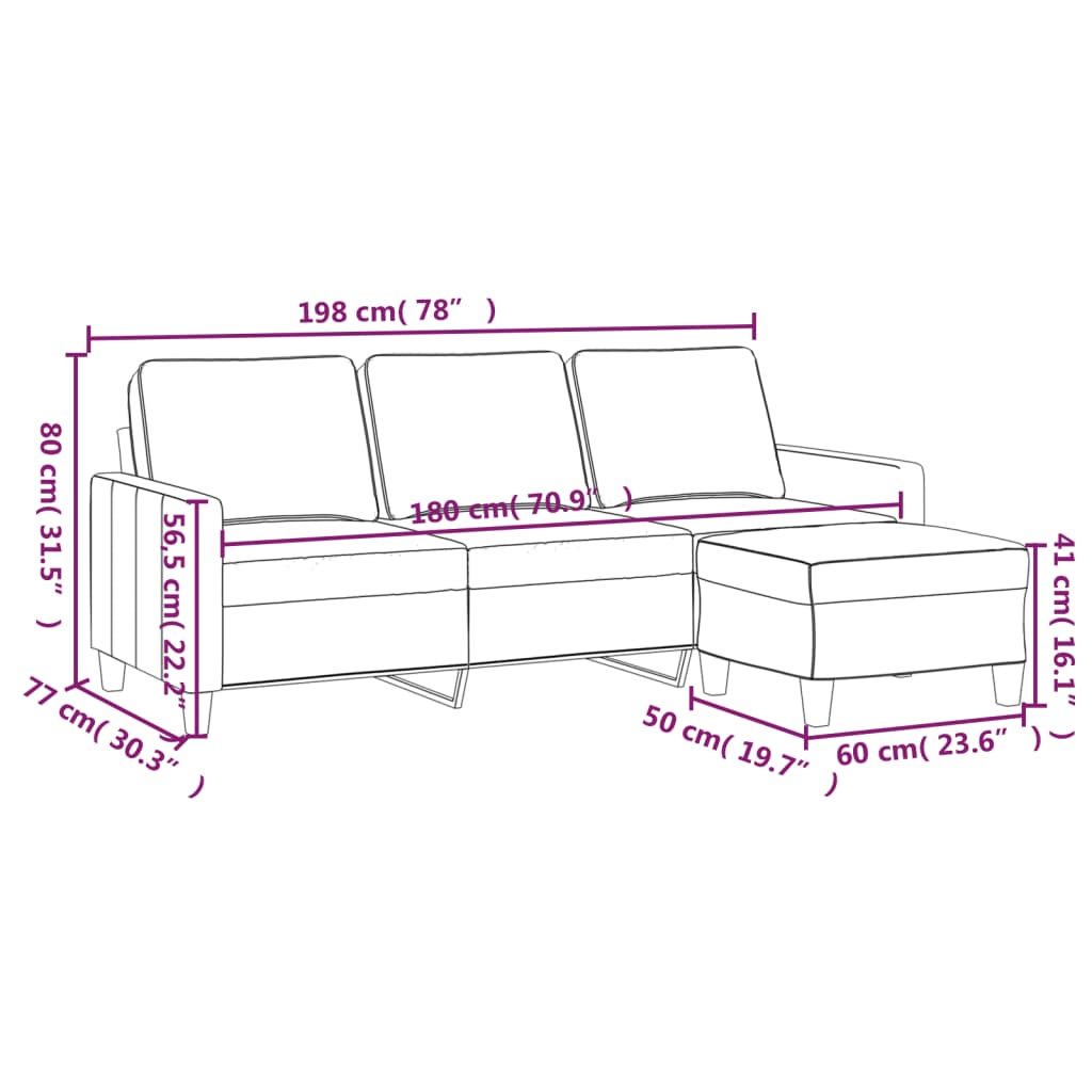 3-Seater Sofa with Footstool Light Grey 180 cm Fabric