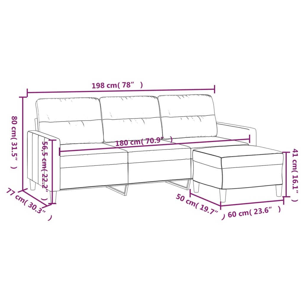 3-Seater Sofa with Footstool Light Grey 180 cm Fabric