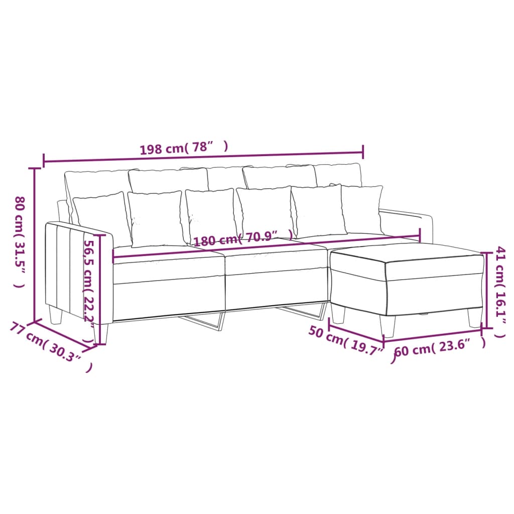 3-Seater Sofa with Footstool Light Grey 180 cm Fabric