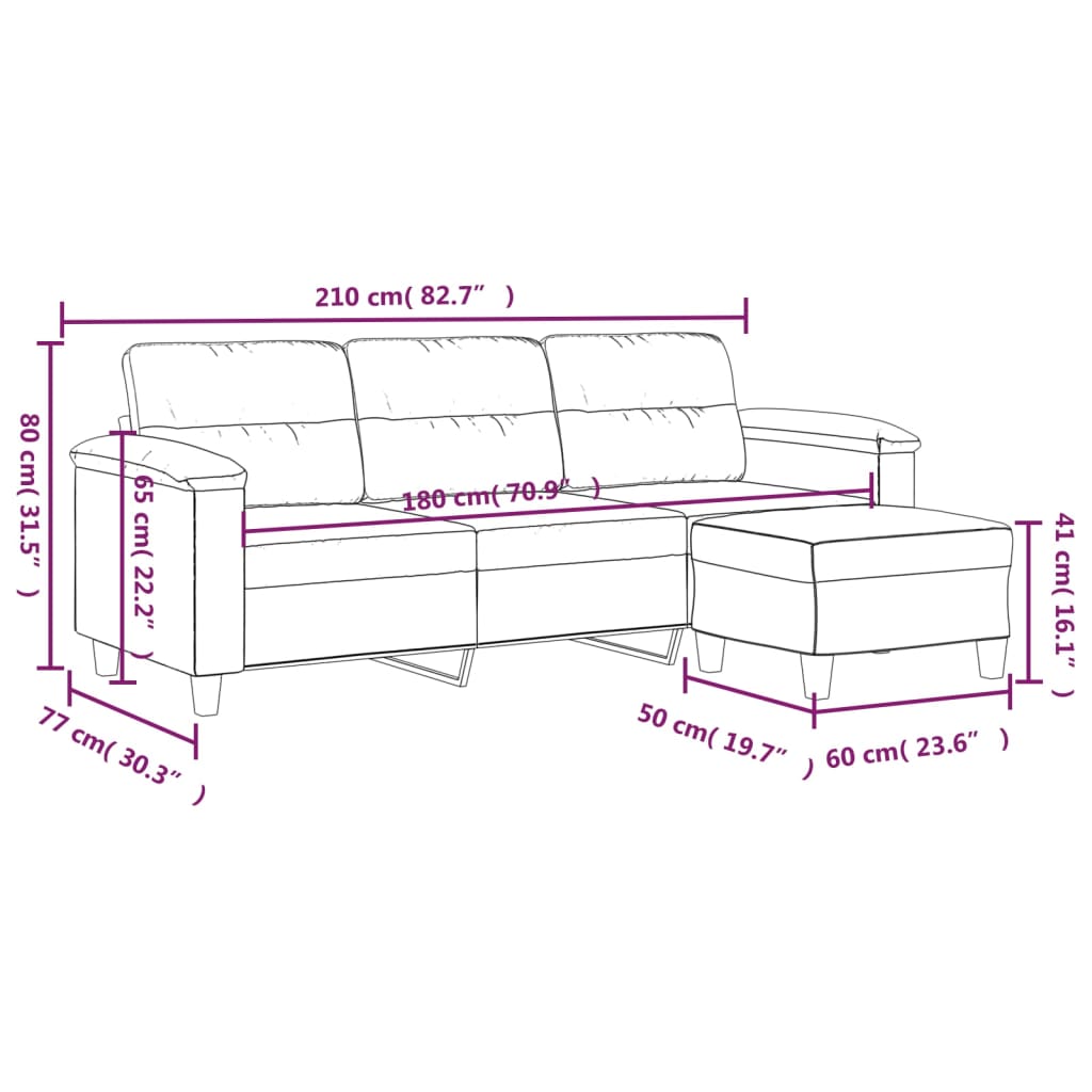 3-Seater Sofa with Footstool Dark Grey 180 cm Microfibre Fabric