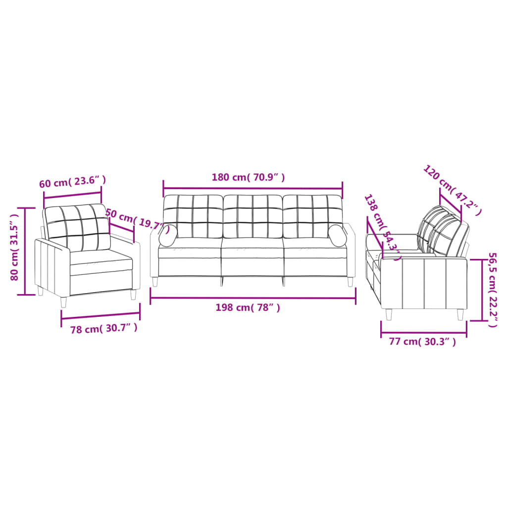 3 Piece Sofa Set with Pillows Light Grey Fabric