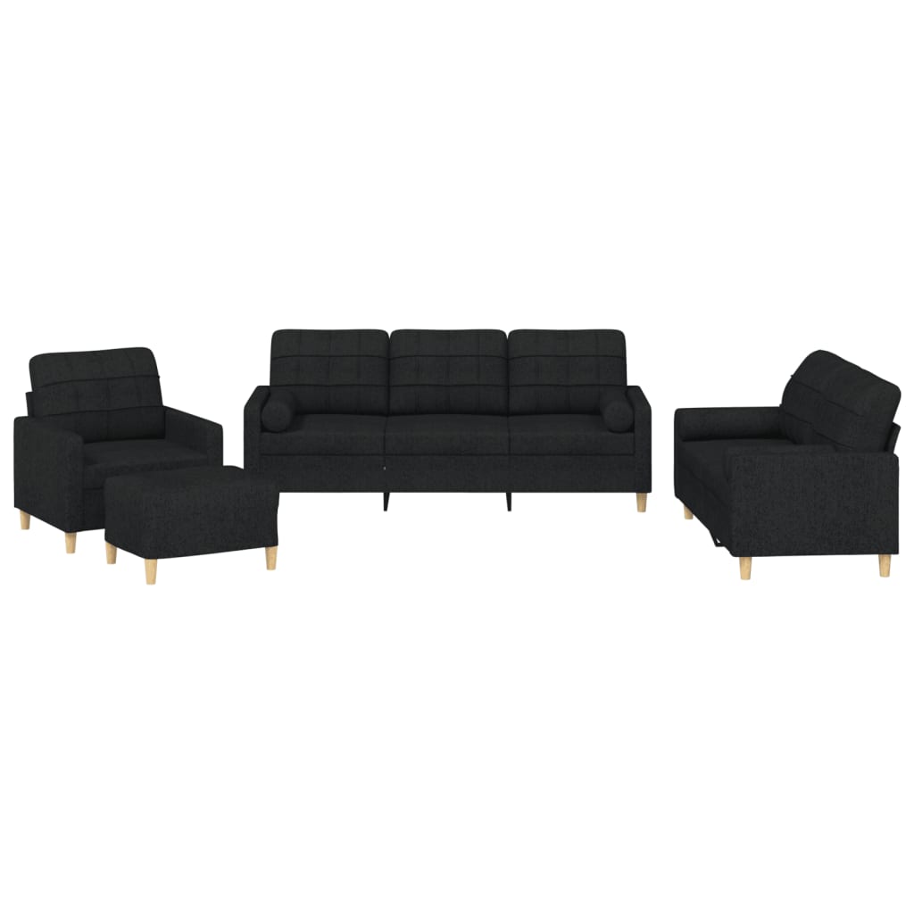 4 Piece Sofa Set with Pillows Black Fabric