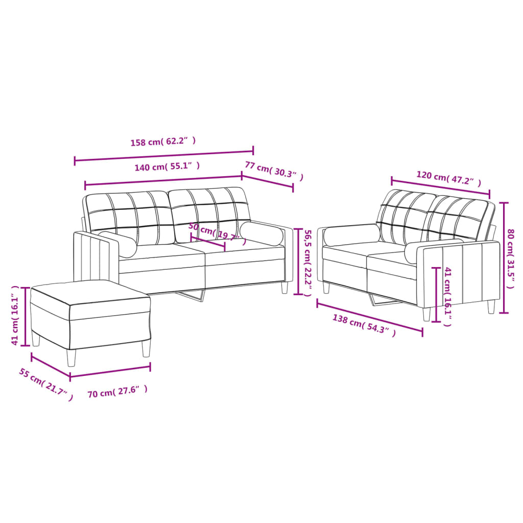 3 Piece Sofa Set with Pillows Light Grey Fabric