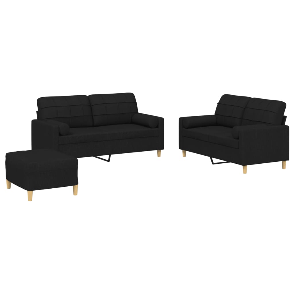 3 Piece Sofa Set with Pillows Black Fabric