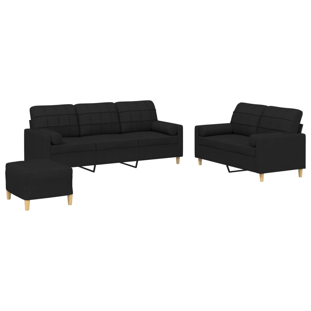 3 Piece Sofa Set with Pillows Black Fabric