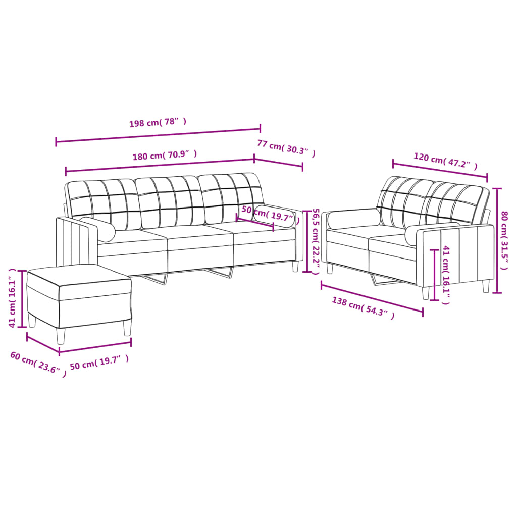 3 Piece Sofa Set with Pillows Black Fabric