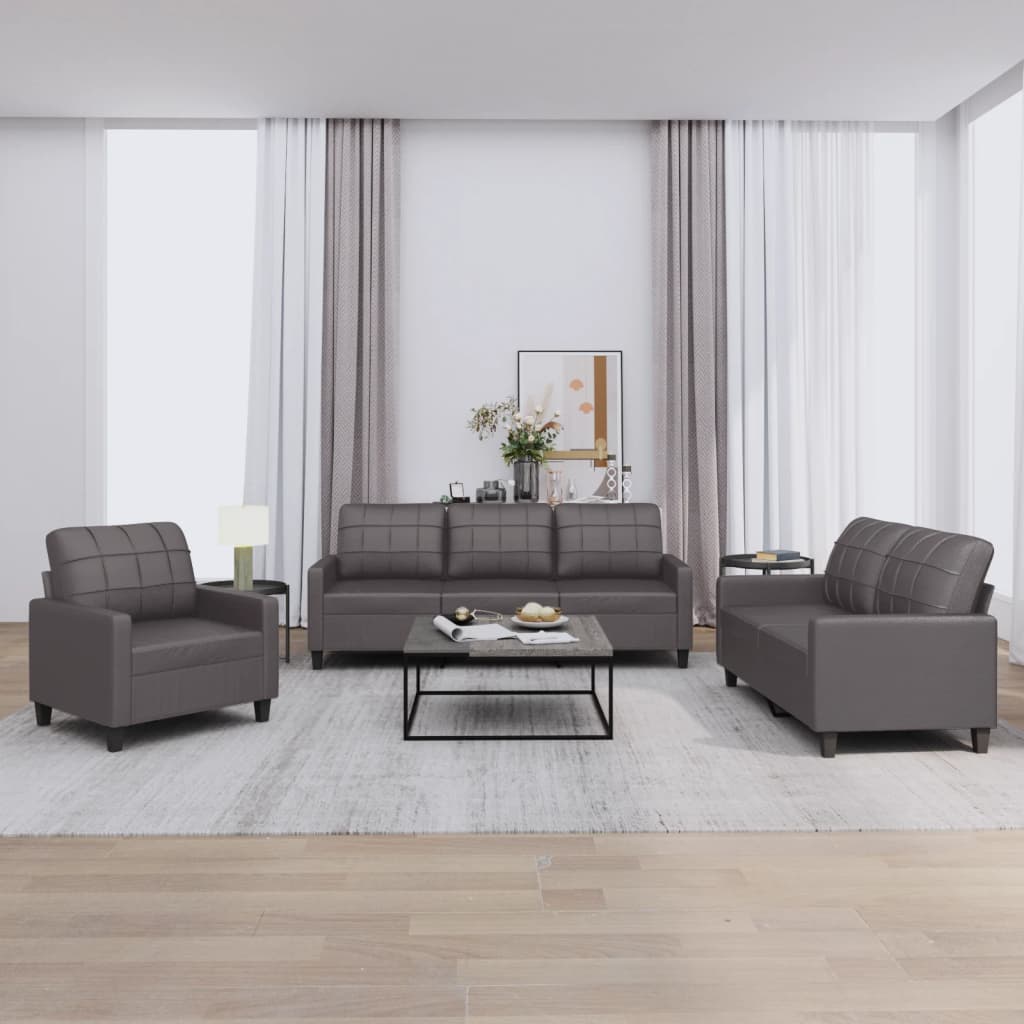 3 Piece Sofa Set with Cushions Grey Faux Leather