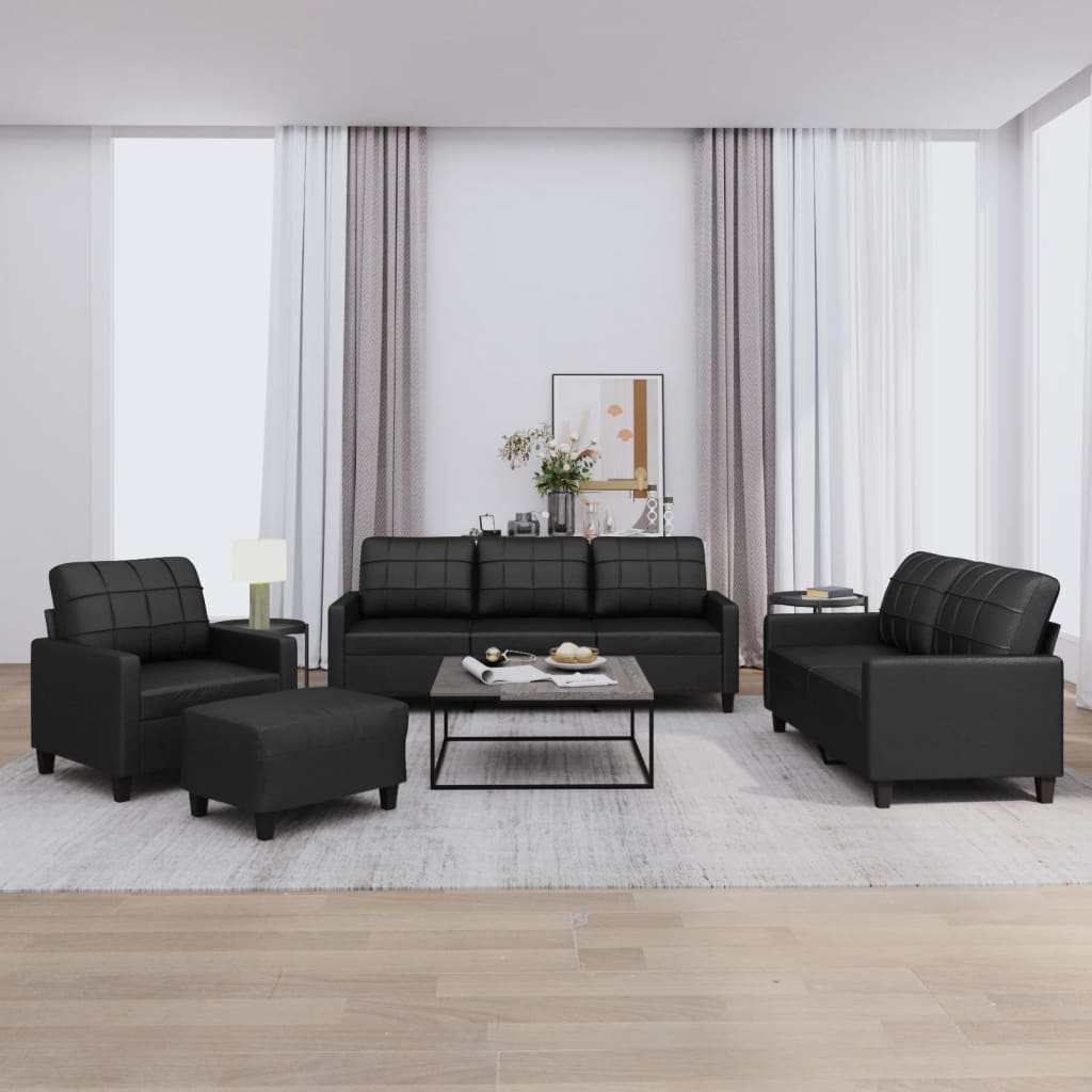 4 Piece Sofa Set with Cushions Black Faux Leather