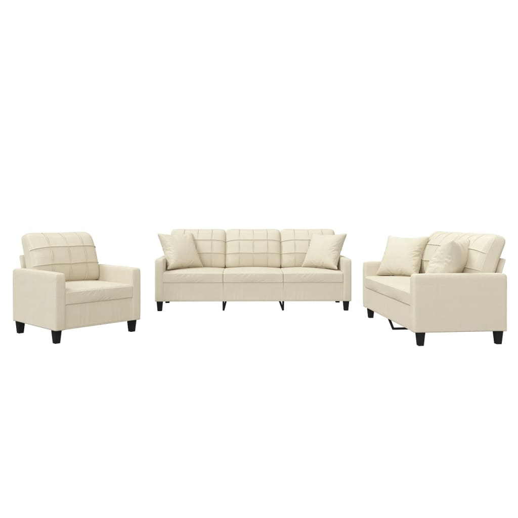 3 Piece Sofa Set with Pillows Cream Faux Leather