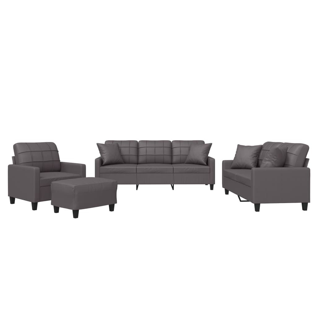 4 Piece Sofa Set with Pillows Grey Faux Leather