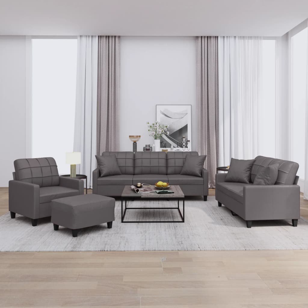 4 Piece Sofa Set with Pillows Grey Faux Leather