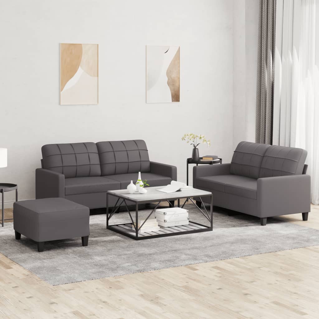 3 Piece Sofa Set with Cushions Grey Faux Leather