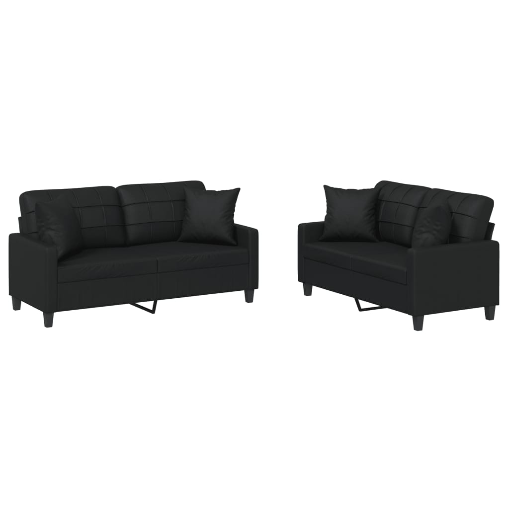 2 Piece Sofa Set with Pillows Black Faux Leather