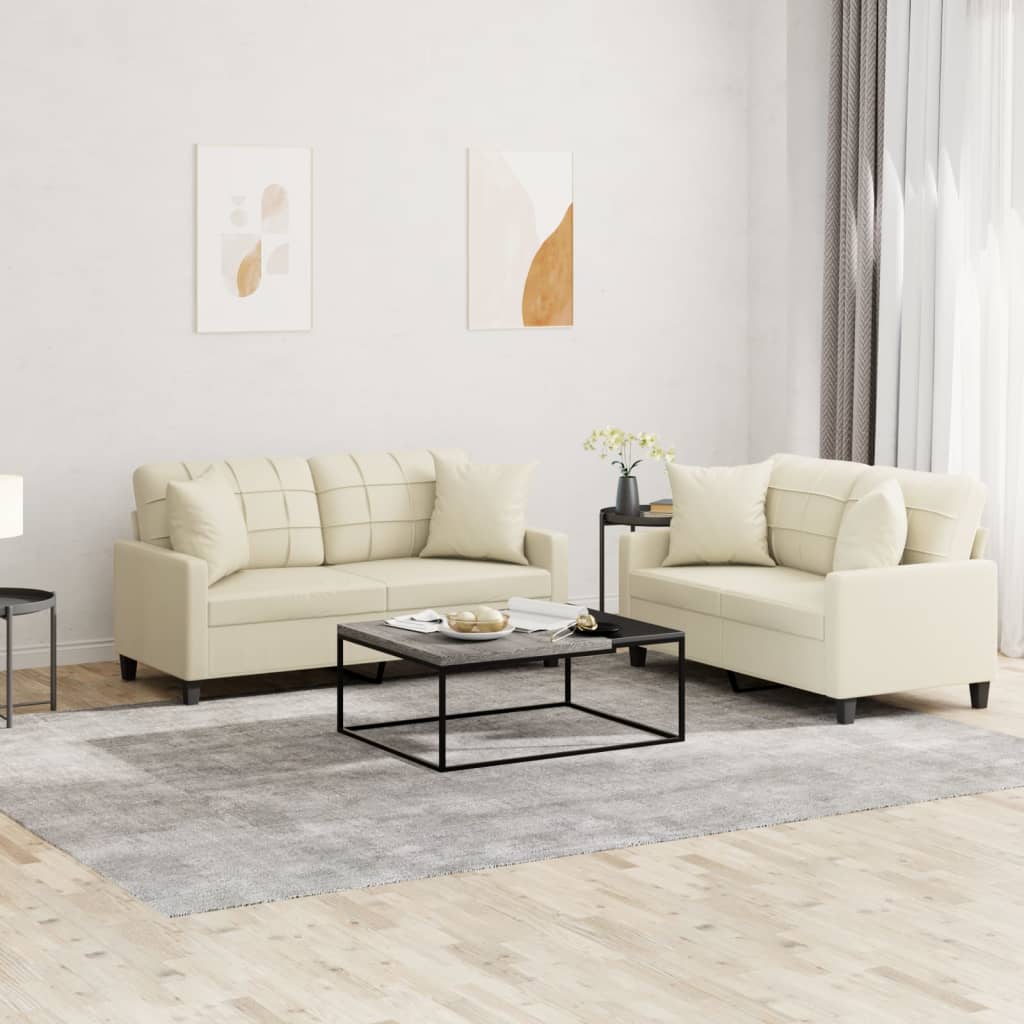 2 Piece Sofa Set with Pillows Cream Faux Leather