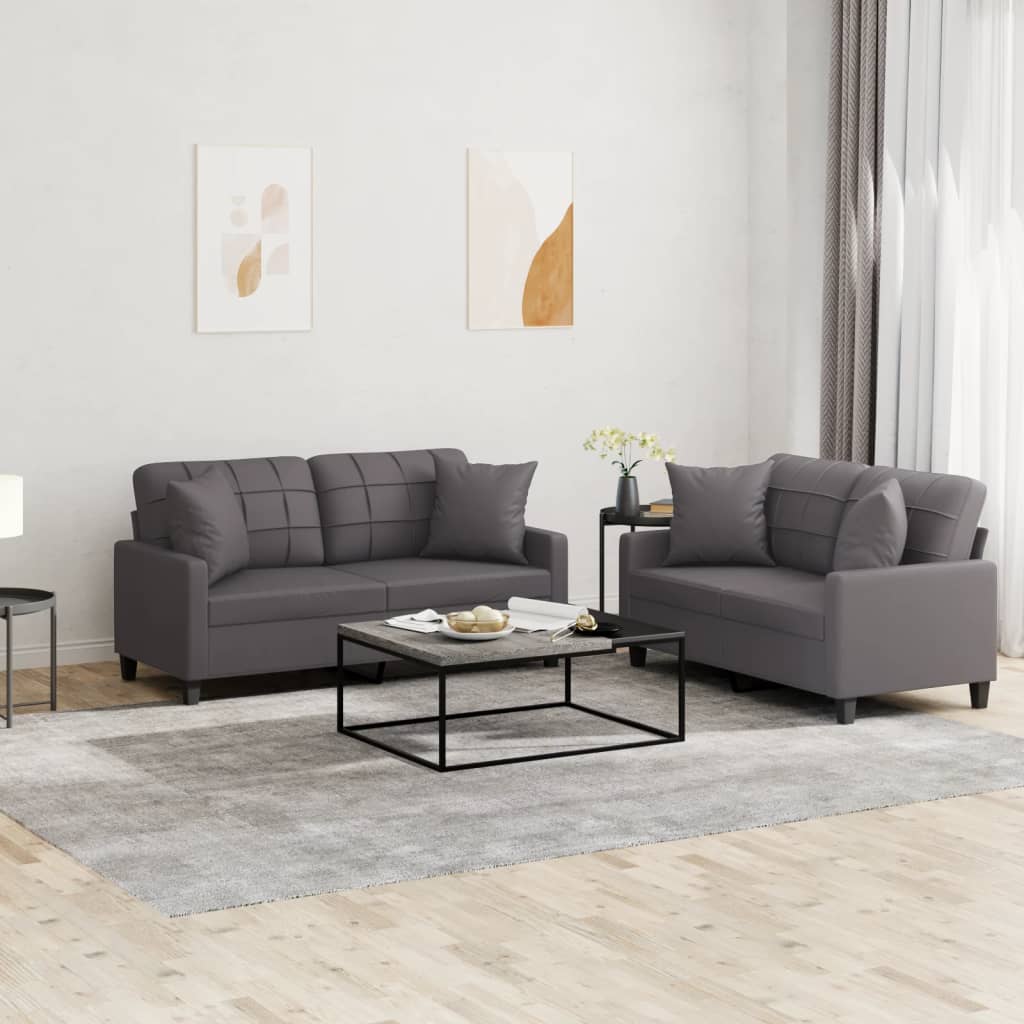 2 Piece Sofa Set with Pillows Grey Faux Leather