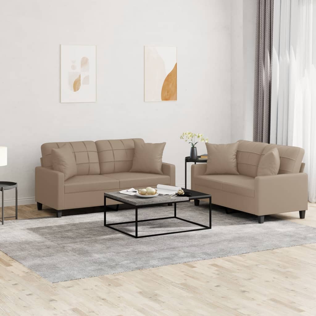 2 Piece Sofa Set with Pillows Cappuccino Faux Leather