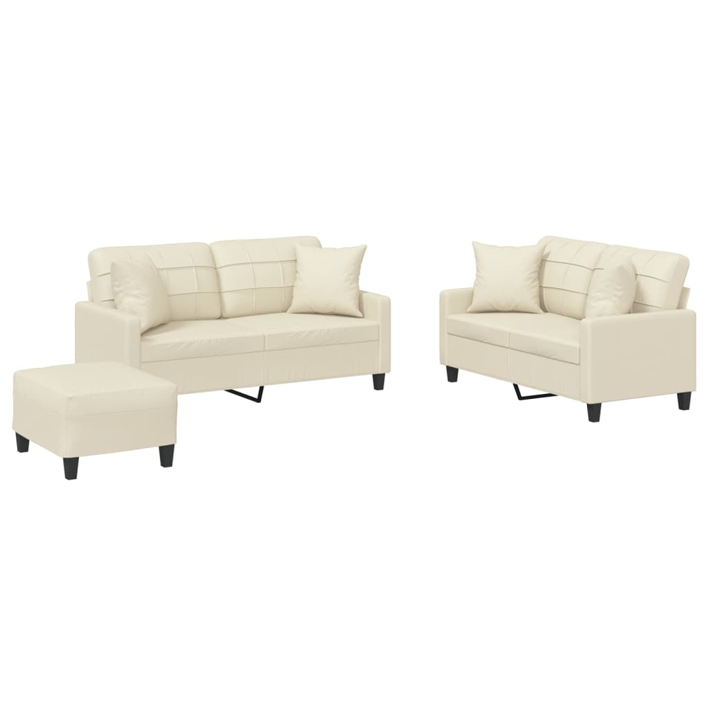 3 Piece Sofa Set with Pillows Cream Faux Leather