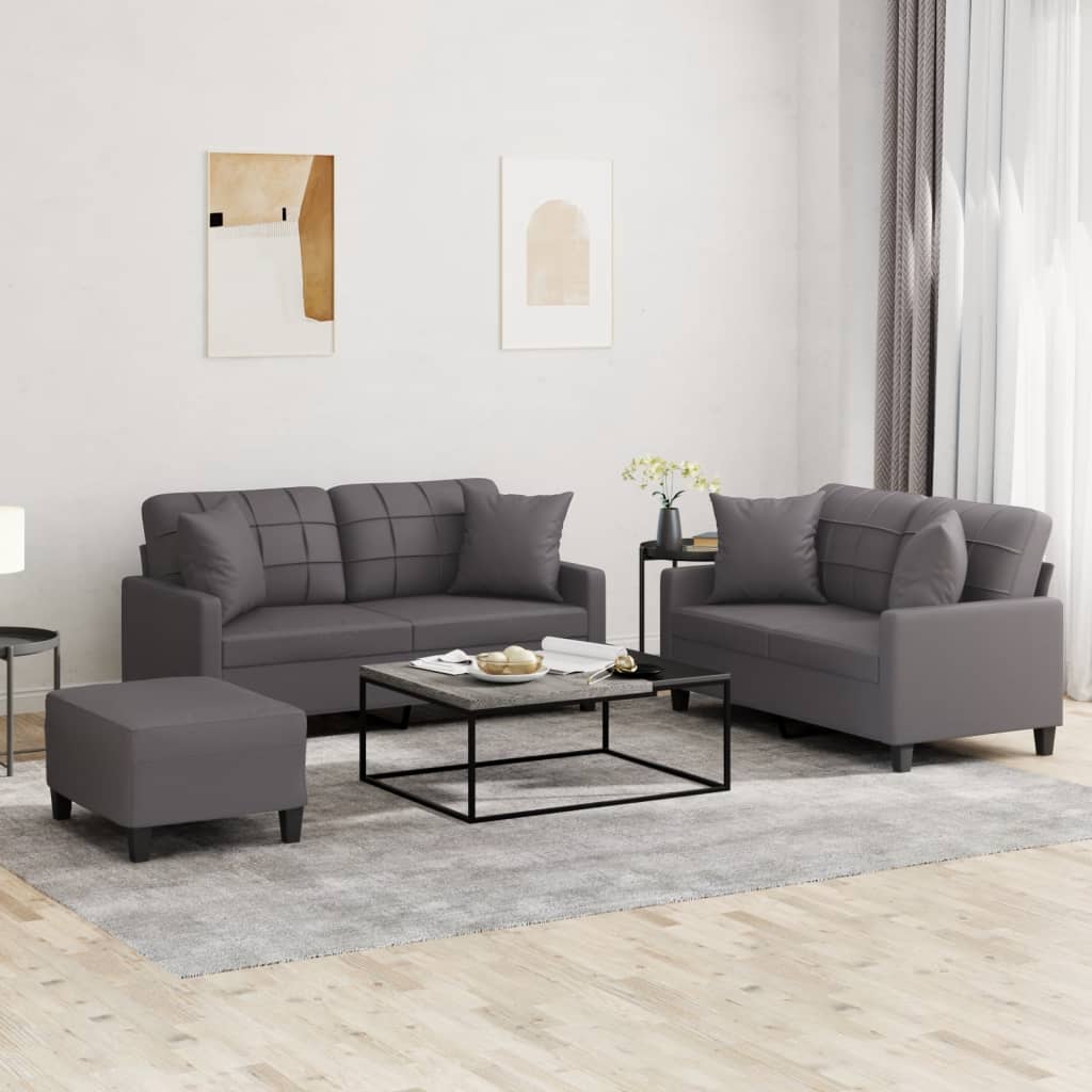 3 Piece Sofa Set with Pillows Grey Faux Leather