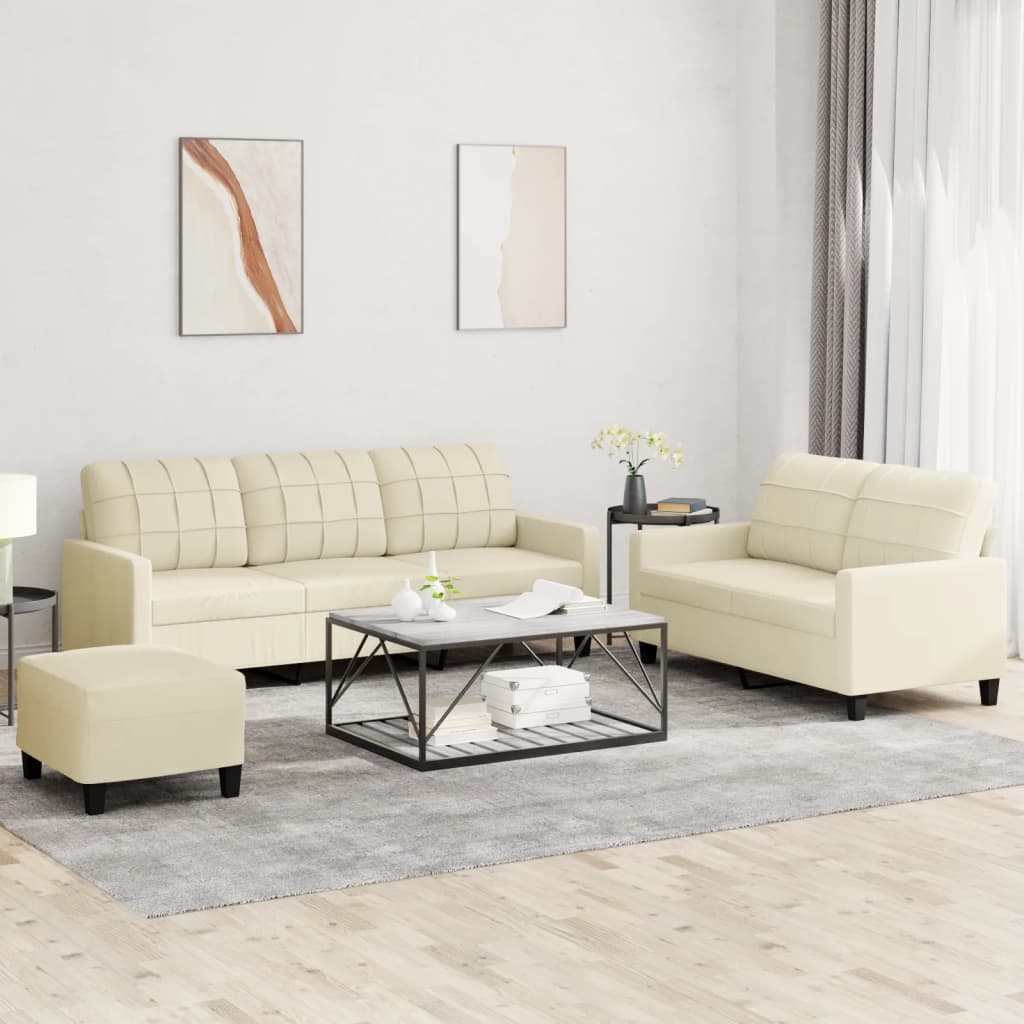 3 Piece Sofa Set with Cushions Cream Faux Leather