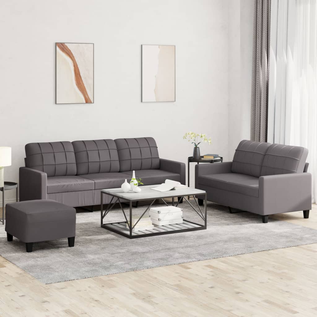 3 Piece Sofa Set with Cushions Grey Faux Leather