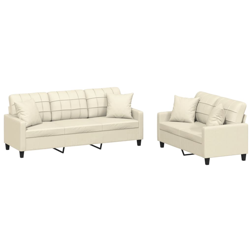 2 Piece Sofa Set with Pillows Cream Faux Leather