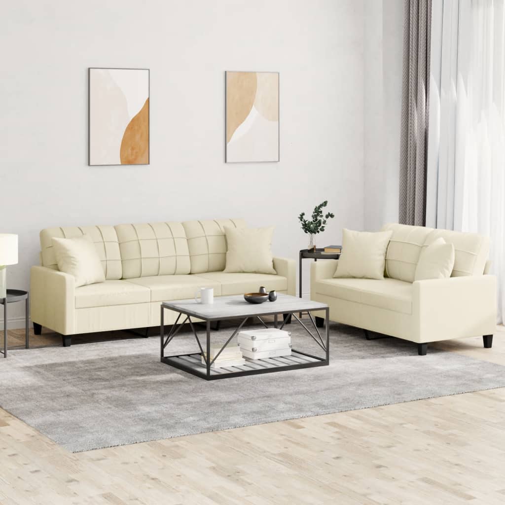 2 Piece Sofa Set with Pillows Cream Faux Leather