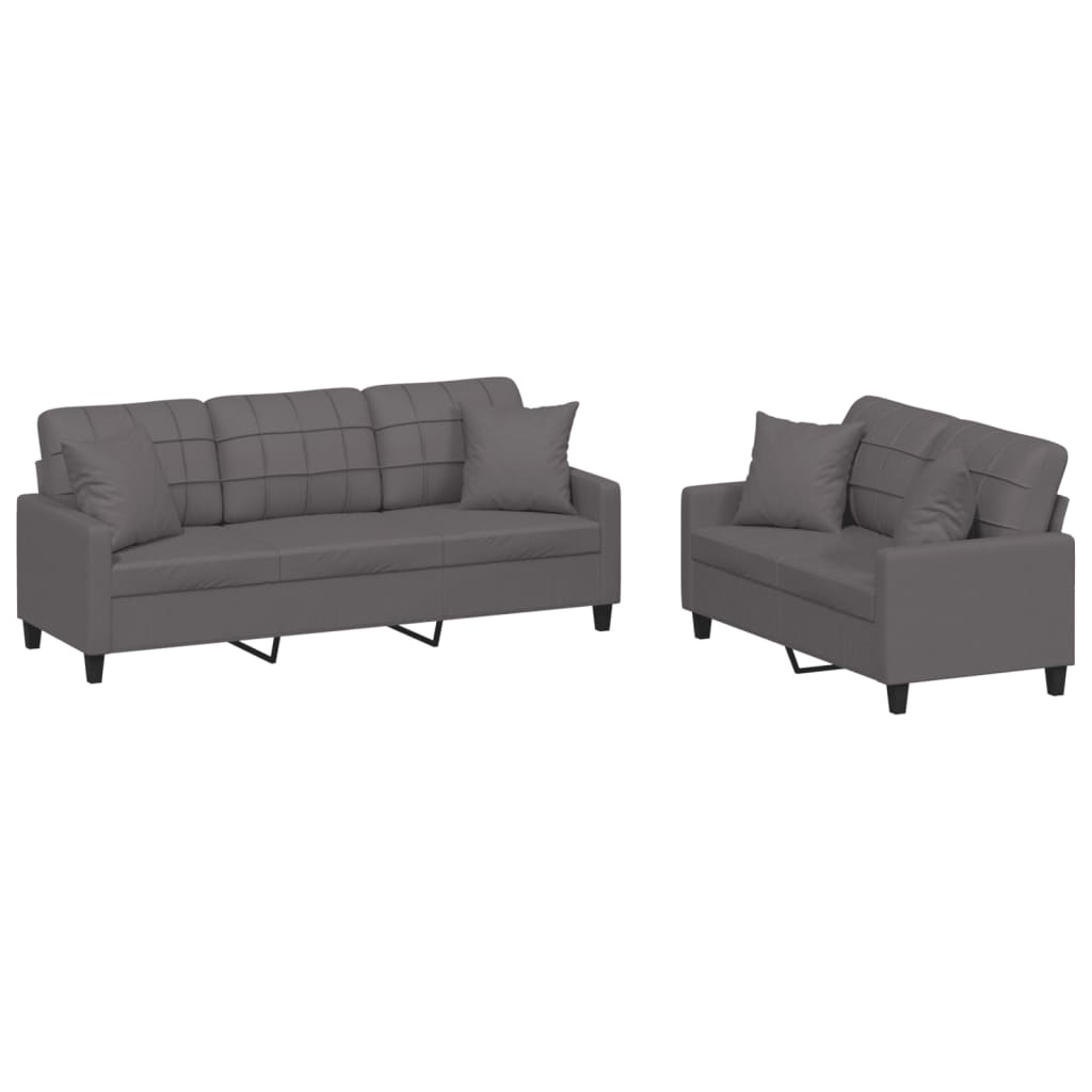 2 Piece Sofa Set with Pillows Grey Faux Leather